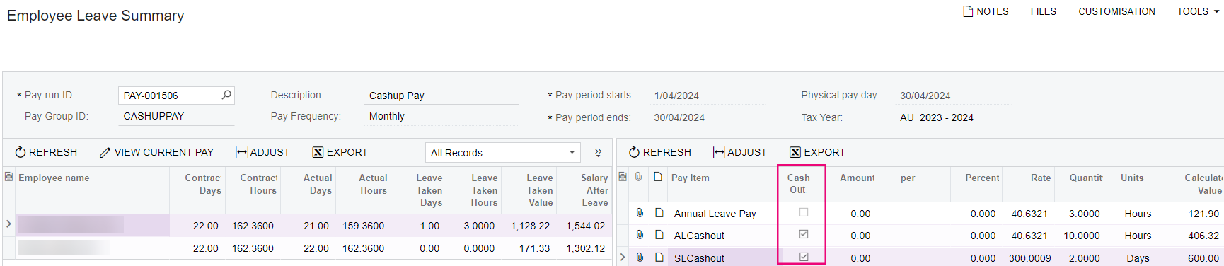 Cash out column on Employee Leave Summary AU.png