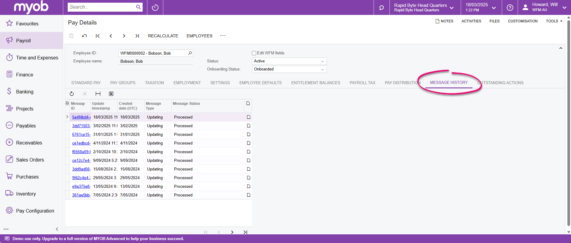 Pay Details screen - Message History tab