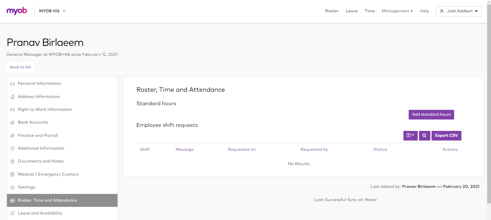 How do I add Standard Hours to an employee?