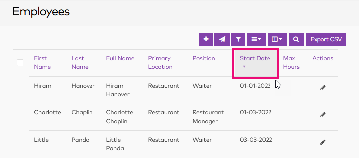 Form Reference - Employees List screen