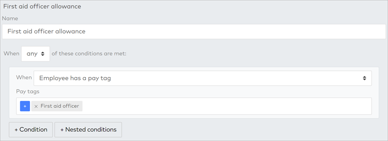 Screenshot of adding a pay tag condition to a pay rule