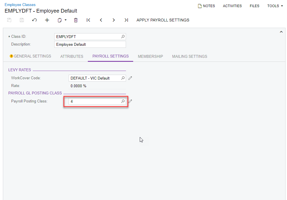 Screenshot showing Employee Classes screen with invalid Payroll Posting Class