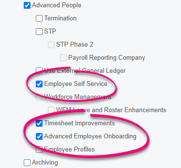 Screenshot showing Employee Self Service, Timesheet Improvements and Advanced Employee Onboarding must be unticked.